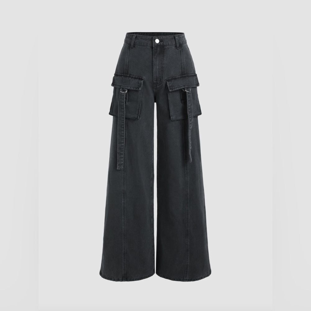Cider Wide Leg Jeans Cargo Pockets Black Denim Size Medium ASO Willow Grunge
